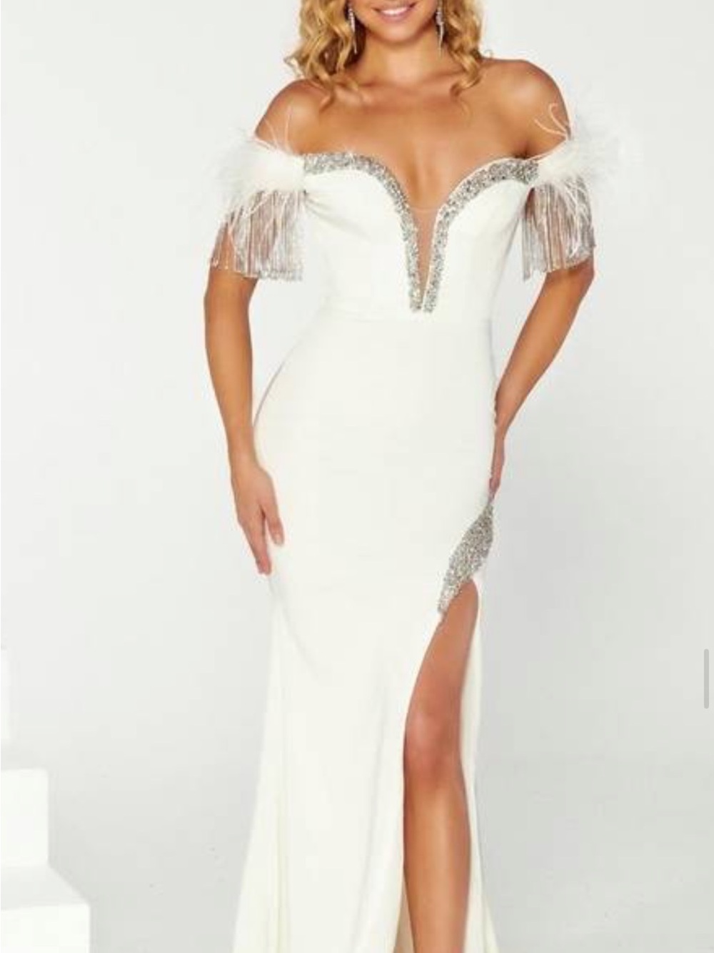 Portia and Scarlett Off-Shoulder White Prom Gown with Silver Fringe